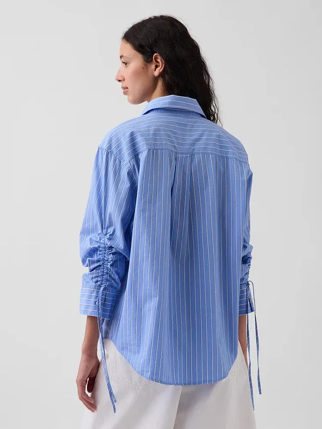 Organik Pamuklu Poplin Oversized Büzgülü Kollu Gömlek