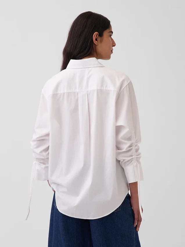 Organik Pamuklu Poplin Oversized Büzgülü Kollu Gömlek