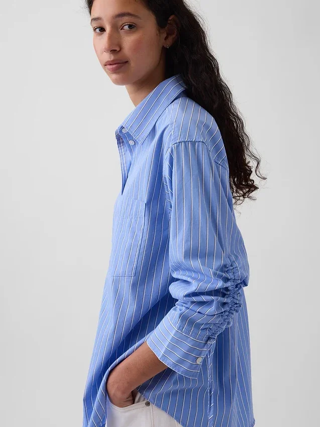 Organik Pamuklu Poplin Oversized Büzgülü Kollu Gömlek