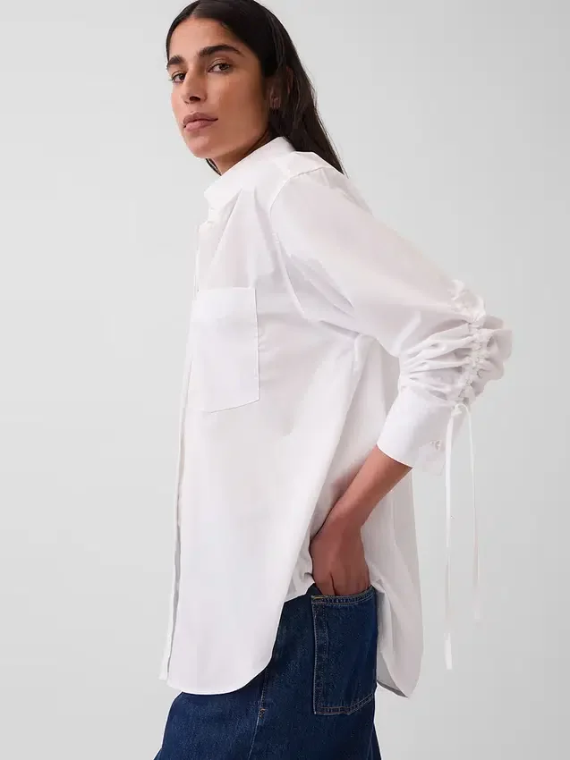 Organik Pamuklu Poplin Oversized Büzgülü Kollu Gömlek