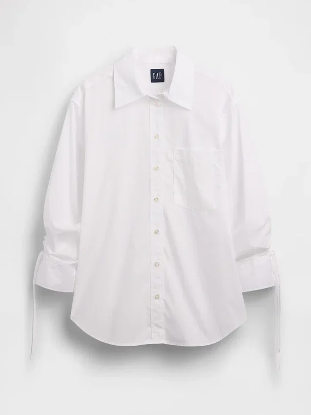 Organik Pamuklu Poplin Oversized Büzgülü Kollu Gömlek
