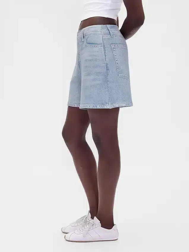 Orta Bel Baskılı Örme Denim Şortlar
