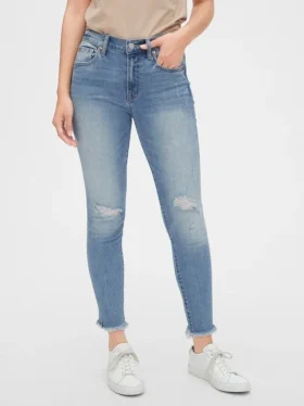 Orta Bel, Eskitilmiş Gerçek Skinny Ayak Bileği Jean'i