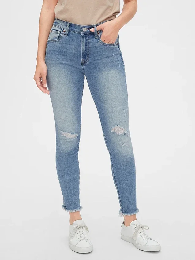 Orta Bel, Eskitilmiş Gerçek Skinny Ayak Bileği Jean'i