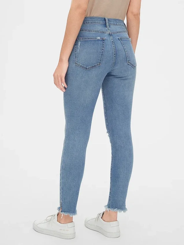 Orta Bel, Eskitilmiş Gerçek Skinny Ayak Bileği Jean'i