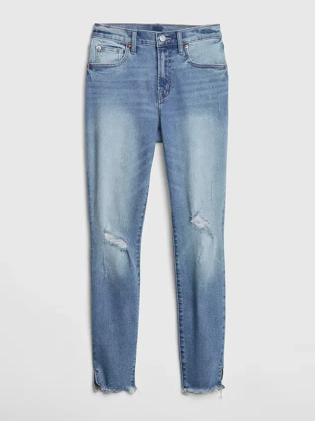 Orta Bel, Eskitilmiş Gerçek Skinny Ayak Bileği Jean'i