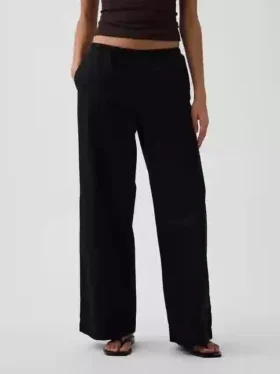 Orta Bel Poplin Rahat Geniş Paça Pantolon