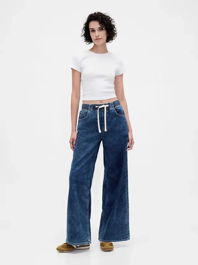 Orta Bel Örme Denim Bol Kesim Jean'ler