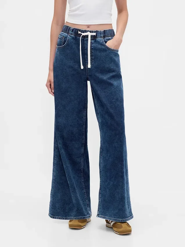 Orta Bel Örme Denim Bol Kesim Jean'ler