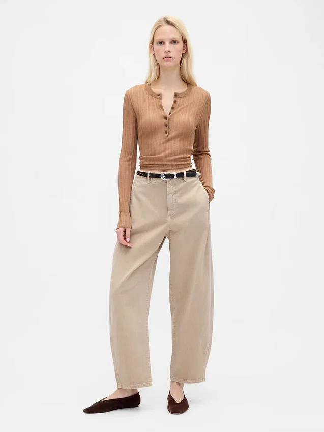 Orta Bel Twill Geniş Paça Pantolon