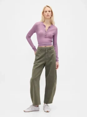 Orta Bel Twill Geniş Paça Pantolon
