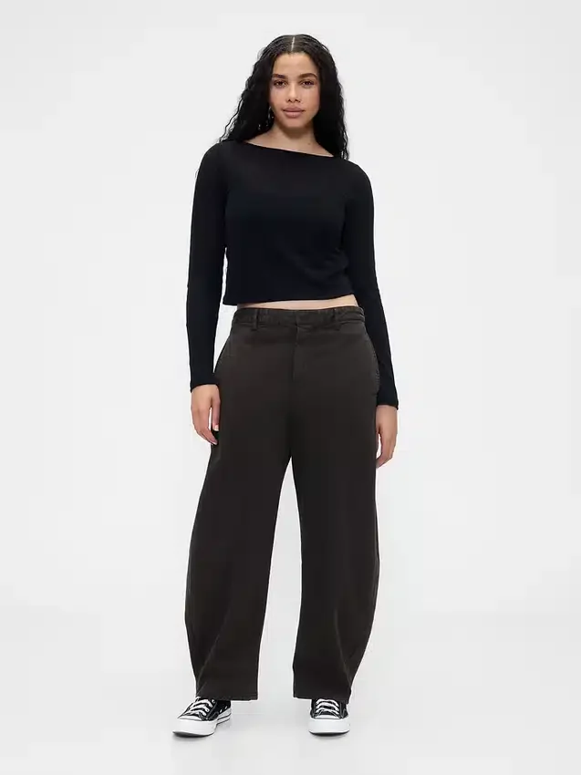 Orta Bel Twill Geniş Paça Pantolon