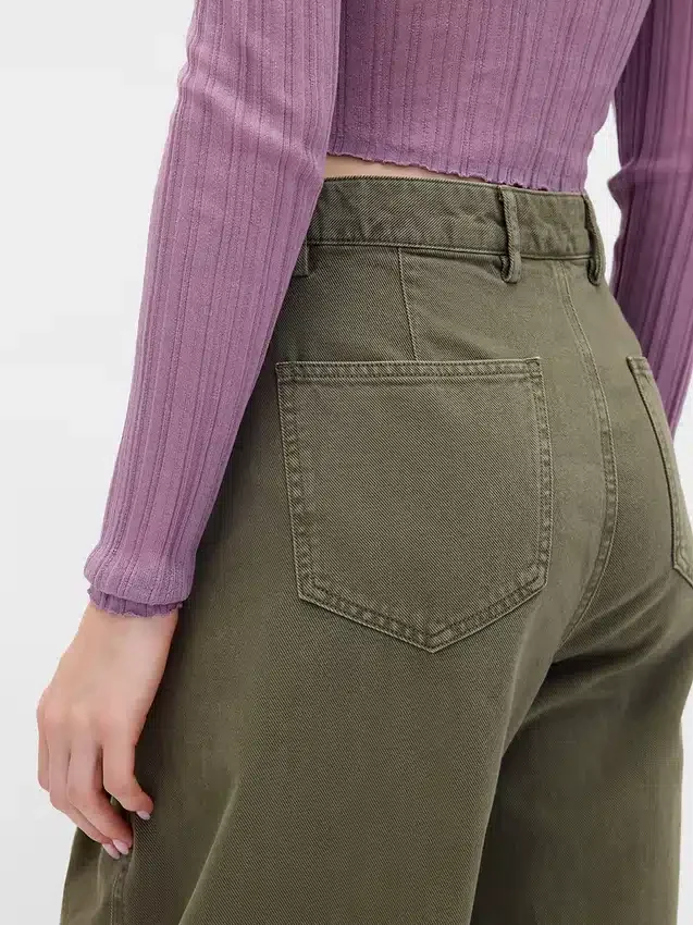 Orta Bel Twill Geniş Paça Pantolon