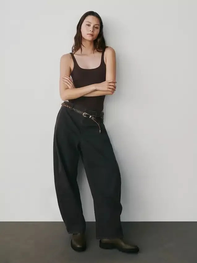 Orta Bel Twill Geniş Paça Pantolon