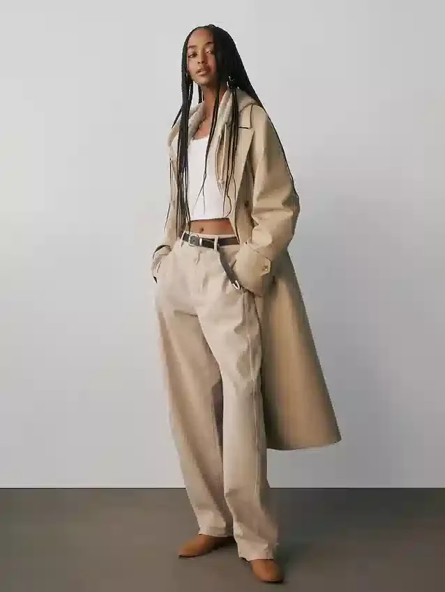 Orta Bel Twill Geniş Paça Pantolon