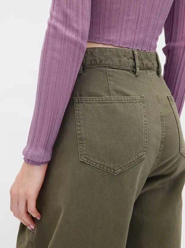 Orta Bel Twill Geniş Paça Pantolon