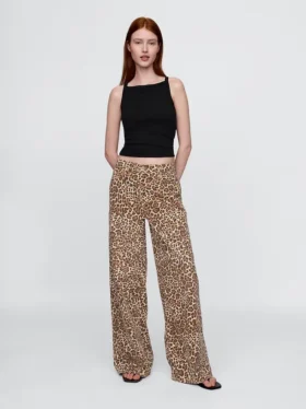 Orta Bel, Ultra Yumuşak Leopar Desenli Bol Kesim Jean