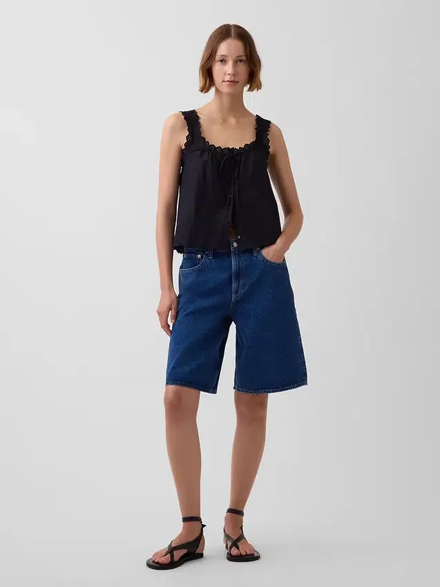 Orta Bel Uzun Kesim Denim Şortlar