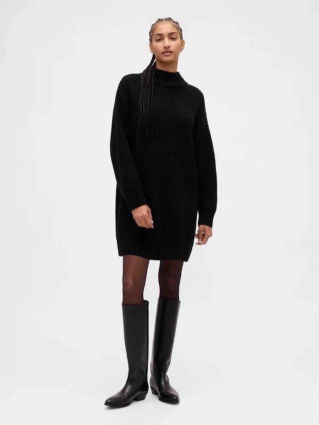 Oversize Balıkçı Yaka Mini Kazak Elbise