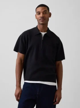 Oversized Çeyrek Fermuarlı Cepli Polo Tişört Kazak