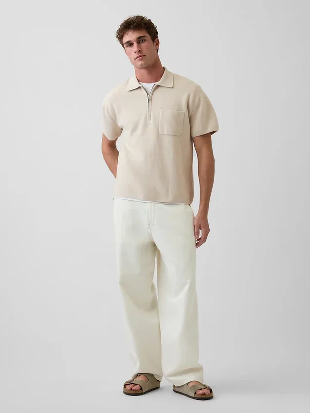 Oversized Çeyrek Fermuarlı Cepli Polo Tişört Kazak
