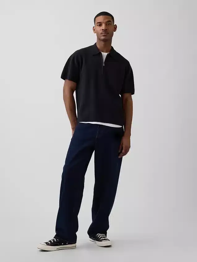 Oversized Çeyrek Fermuarlı Cepli Polo Tişört Kazak