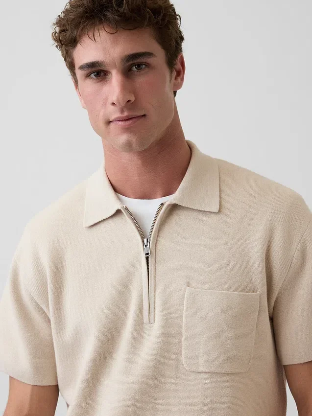 Oversized Çeyrek Fermuarlı Cepli Polo Tişört Kazak