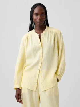 Pamuklu Gazlı Bez Oversized Yakasız Gömlek