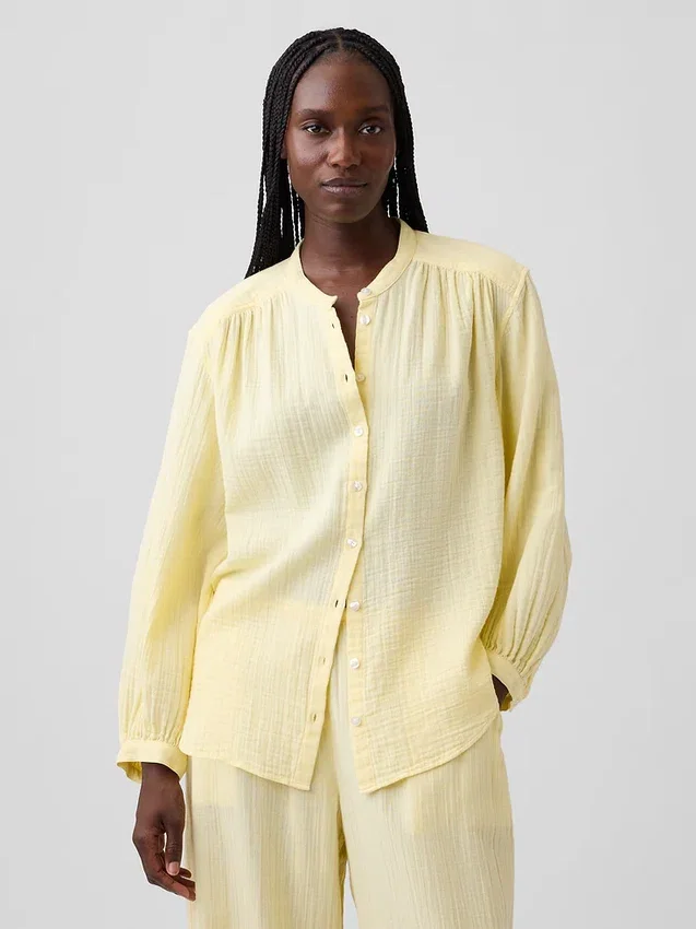 Pamuklu Gazlı Bez Oversized Yakasız Gömlek