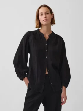 Pamuklu Gazlı Bez Oversized Yakasız Gömlek