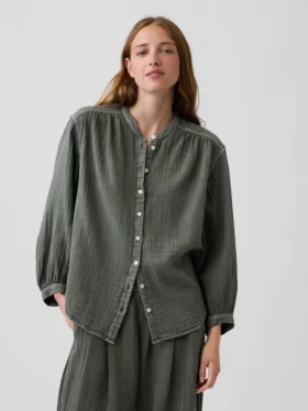 Pamuklu Gazlı Bez Oversized Yakasız Gömlek