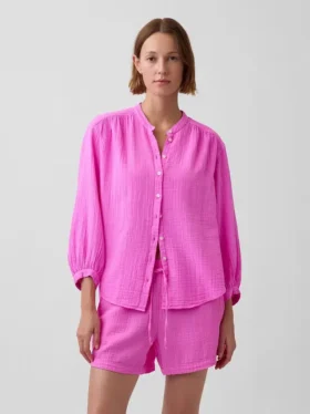 Pamuklu Gazlı Bez Oversized Yakasız Gömlek