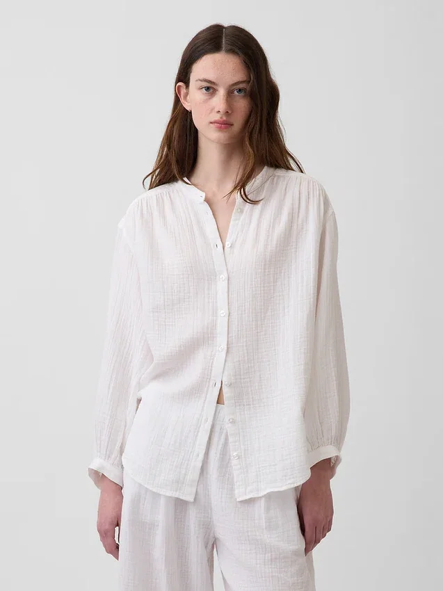 Pamuklu Gazlı Bez Oversized Yakasız Gömlek