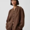Pamuklu Gazlı Bez Oversized Yakasız Gömlek
