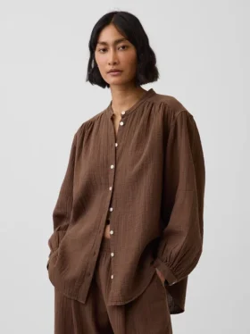 Pamuklu Gazlı Bez Oversized Yakasız Gömlek