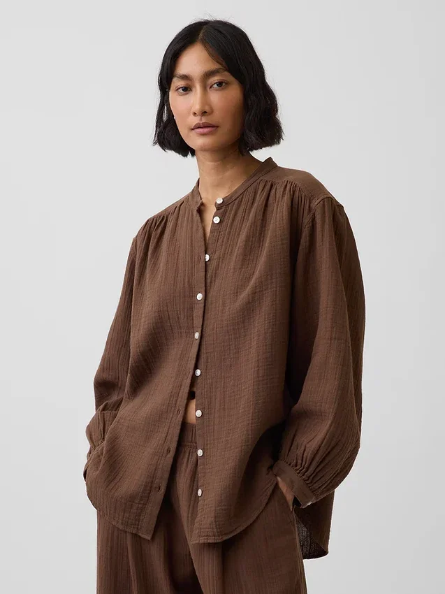 Pamuklu Gazlı Bez Oversized Yakasız Gömlek