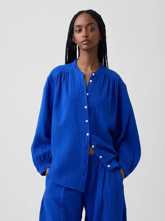 Pamuklu Gazlı Bez Oversized Yakasız Gömlek