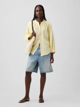 Pamuklu Gazlı Bez Oversized Yakasız Gömlek