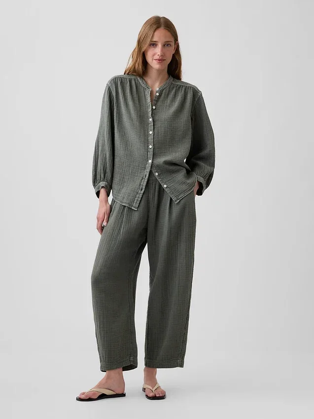 Pamuklu Gazlı Bez Oversized Yakasız Gömlek