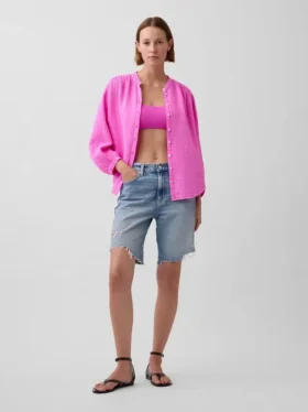 Pamuklu Gazlı Bez Oversized Yakasız Gömlek