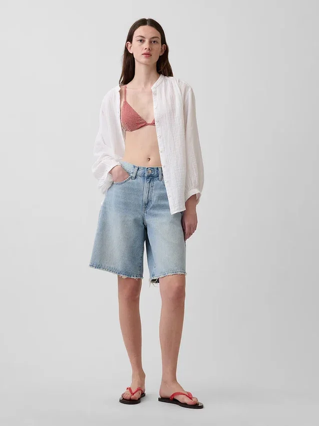 Pamuklu Gazlı Bez Oversized Yakasız Gömlek