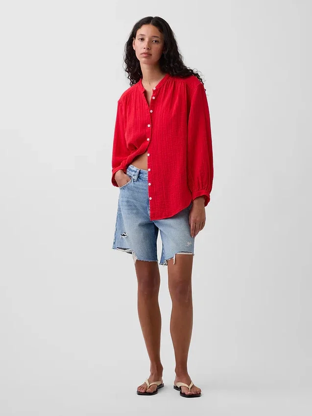 Pamuklu Gazlı Bez Oversized Yakasız Gömlek