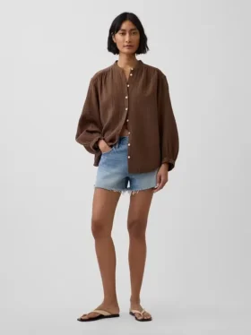 Pamuklu Gazlı Bez Oversized Yakasız Gömlek