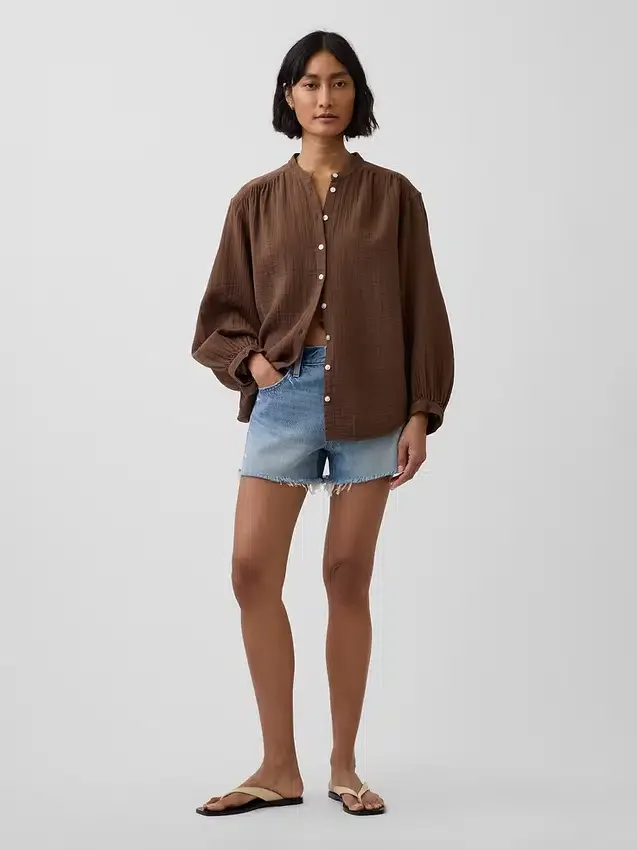 Pamuklu Gazlı Bez Oversized Yakasız Gömlek
