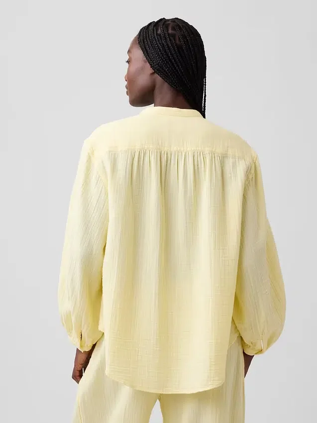 Pamuklu Gazlı Bez Oversized Yakasız Gömlek