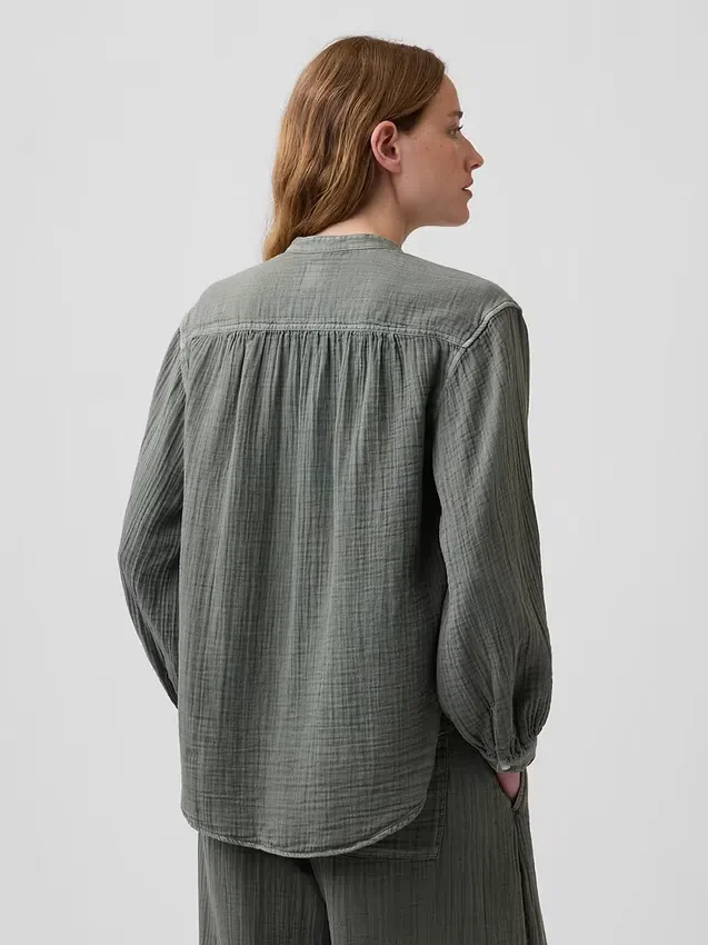 Pamuklu Gazlı Bez Oversized Yakasız Gömlek