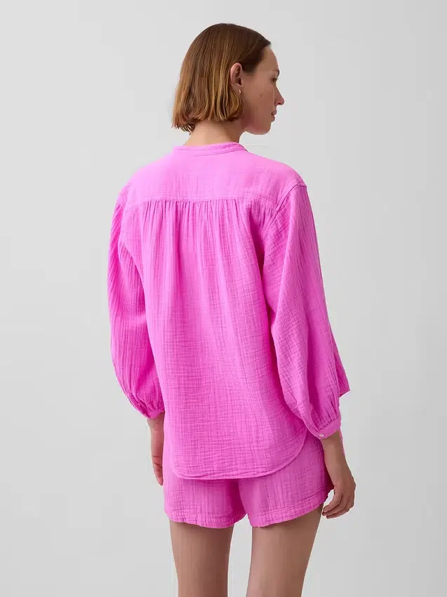 Pamuklu Gazlı Bez Oversized Yakasız Gömlek
