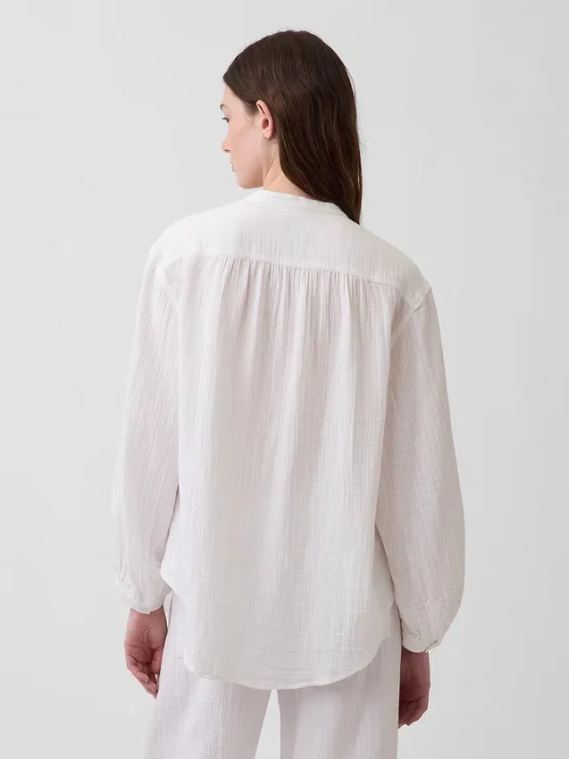 Pamuklu Gazlı Bez Oversized Yakasız Gömlek