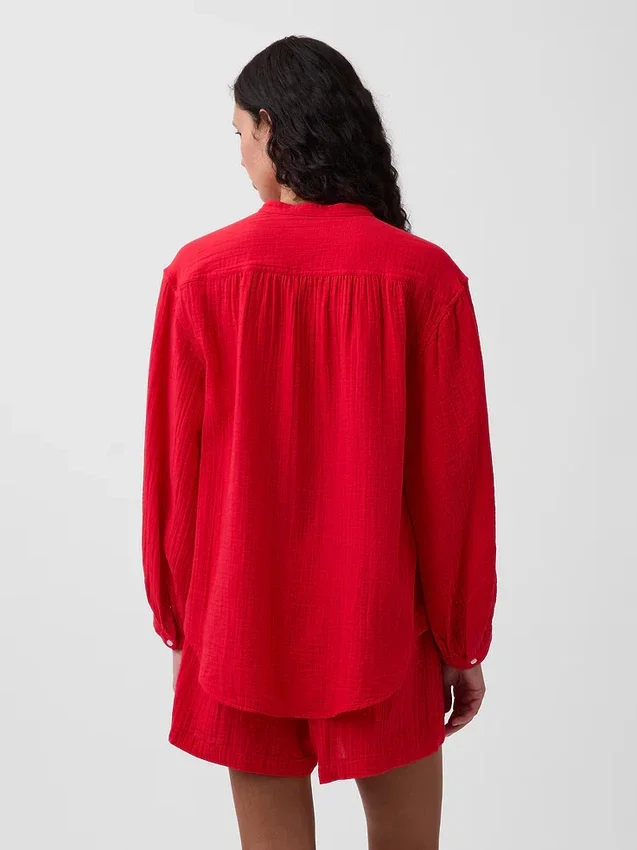 Pamuklu Gazlı Bez Oversized Yakasız Gömlek
