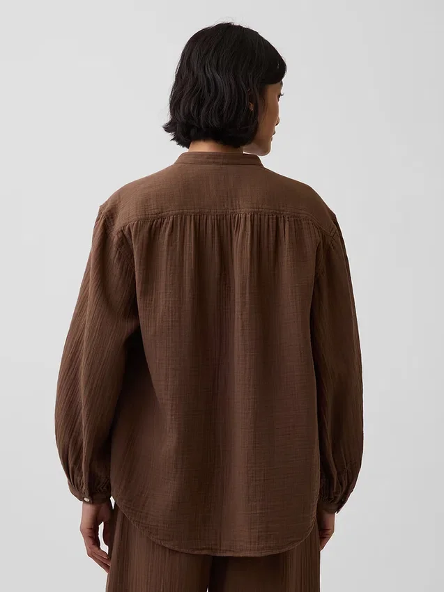 Pamuklu Gazlı Bez Oversized Yakasız Gömlek